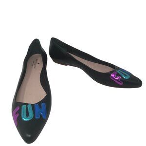 New Kate Spade Elliot “FUN” Printed Black Leather Pointed Toe Flats Size 11